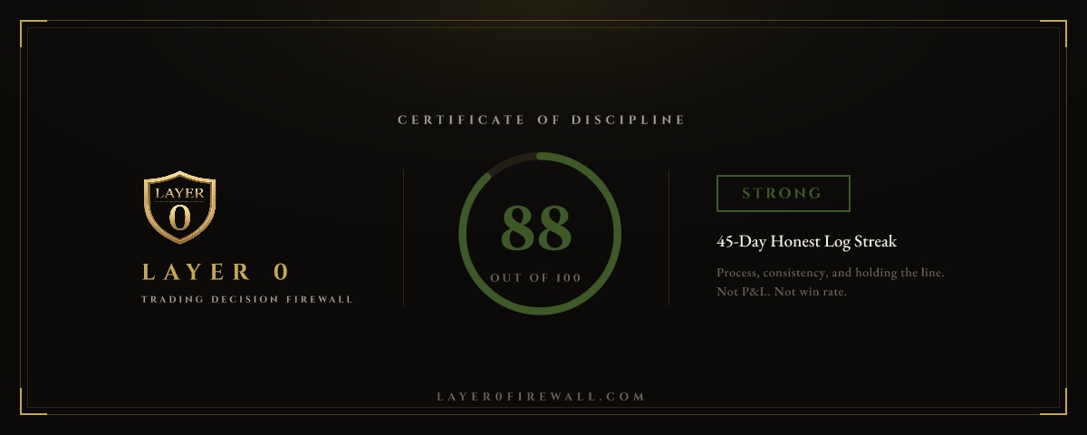 Discipline Score certificate, score 88 out of 100, Strong, colored green