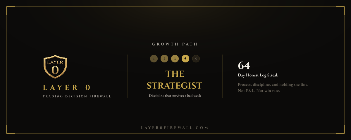 Growth Path stage card example: The Strategist, 64-day honest log streak