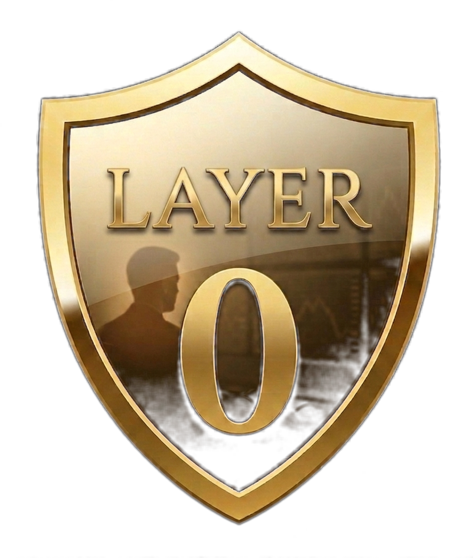 The LAYER 0 shield, rendered as a reflective surface with a faint silhouette in the glass